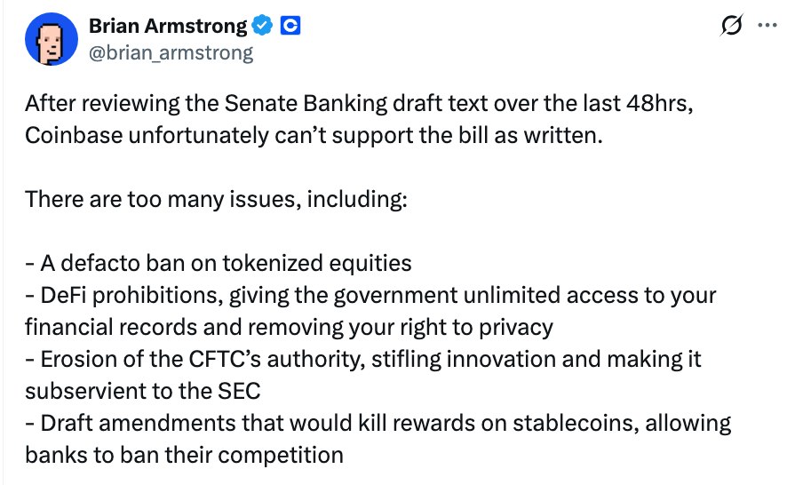 Brian Armstrong โพสต์ผ่านแพลตฟอร์ม X 2026-01-15