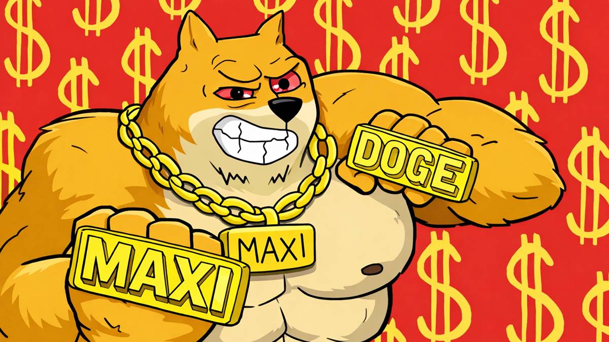 Maxi Doge ใส่สร้อยทองคำ ถือแท่งคำว่า MAXI และ DOGE บนพื้นหลังสีแดงลายสัญลักษณ์ดอลลาร์
