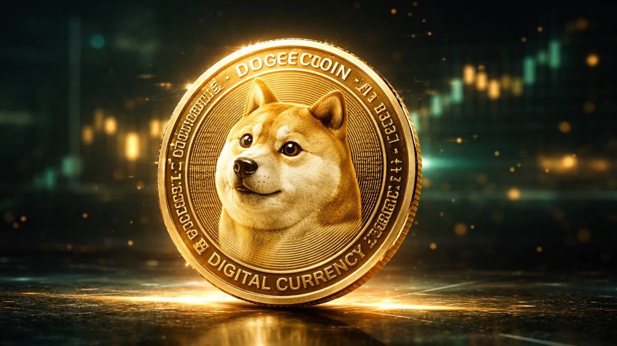 เหรียญ Dogecoin สีทองเรืองแสงบนพื้นผิวมืดเงาสะท้อน พร้อมฉากหลังไฟโทนเขียวทองแบบการเงินดิจิทัล