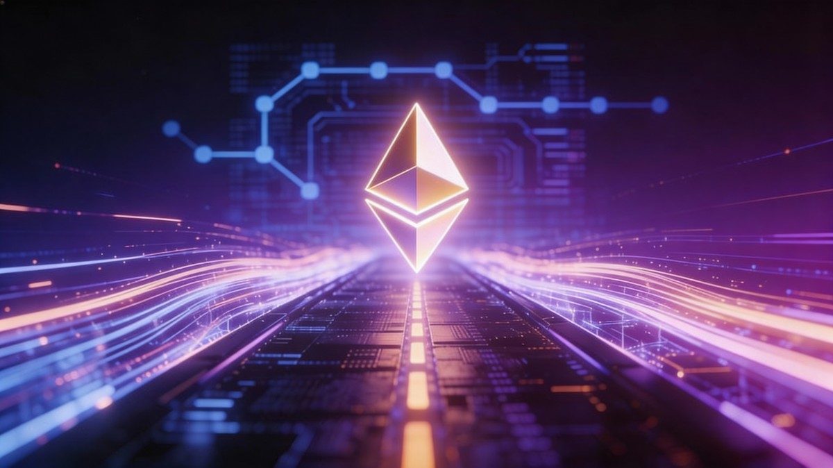 โลโก้ Ethereum เรืองแสงกลางทางด่วนข้อมูลที่ทันสมัย 2026-01-19