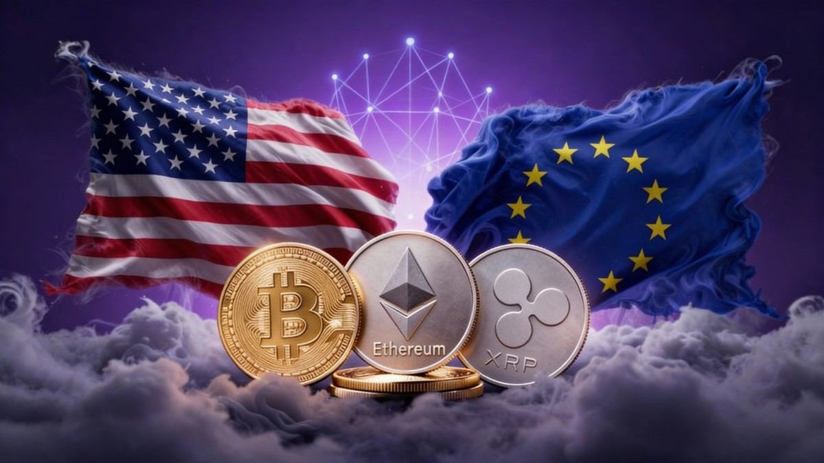 เหรียญ Bitcoin, Ethereum, XRP ระหว่างพายุที่มีธงสหรัฐและสหภาพยุโรป 2026-01-19