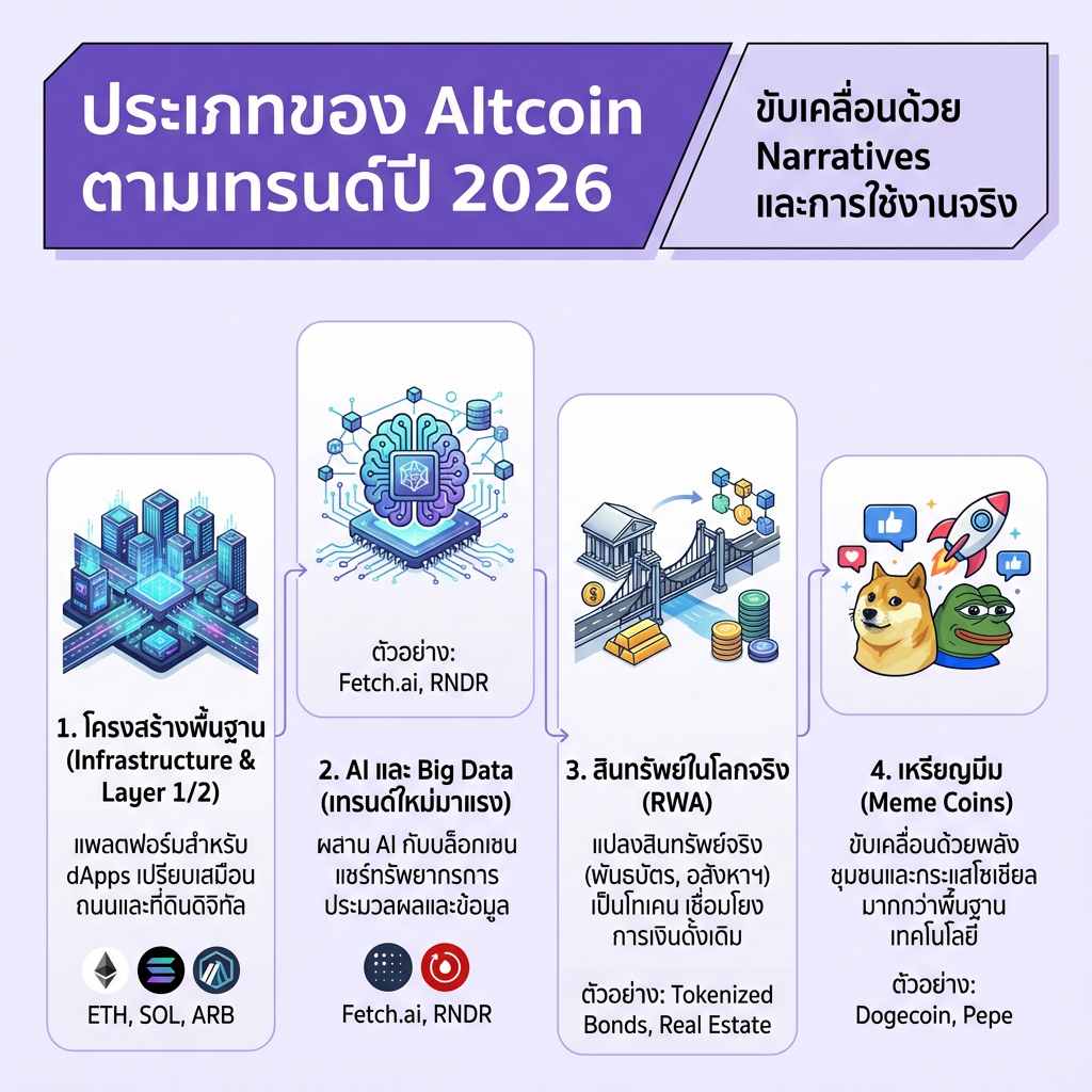 Infographic อธิบายประเภทของ Altcoin ตามเทรนด์ล่าสุดปี 2026