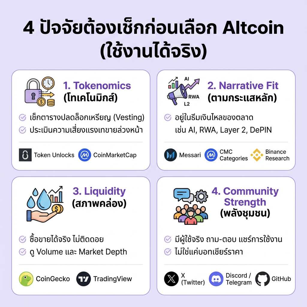 Framework: 4 ปัจจัยต้องเช็กก่อนเลือก Altcoin เข้าพอร์ต (ใช้งานได้จริง)