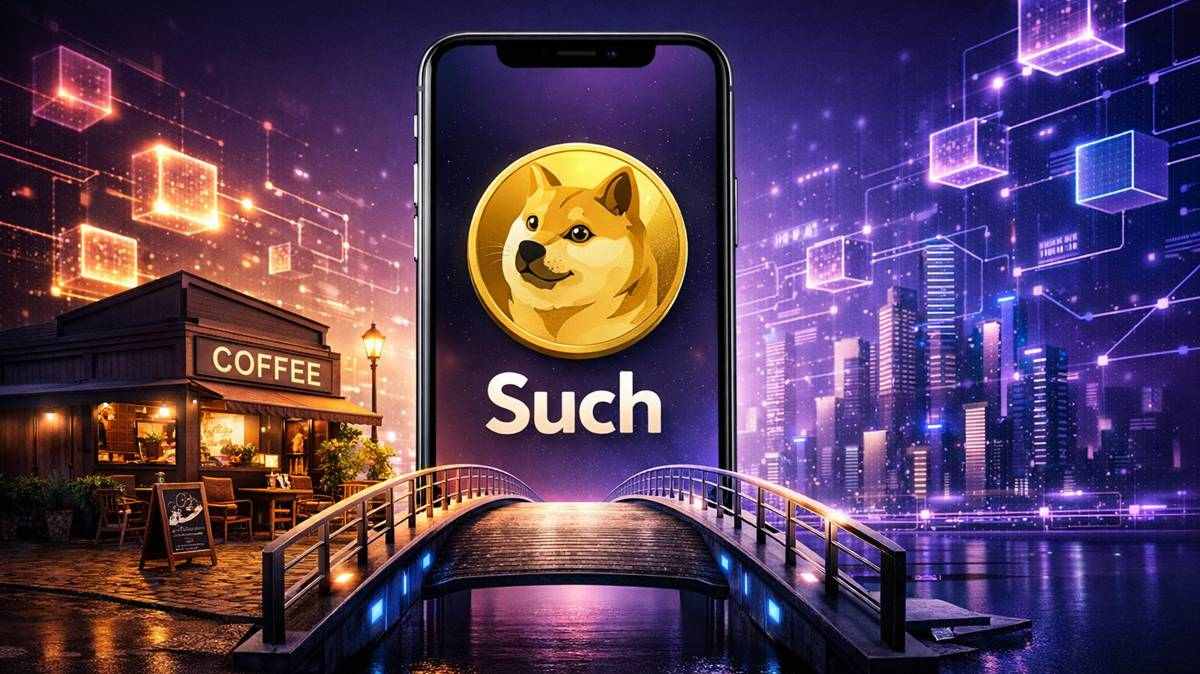 สมาร์ทโฟนแสดงโลโก้ Dogecoin และแอป Such บนสะพานเชื่อมร้านกาแฟกับฉากเมืองดิจิทัลโทนม่วง