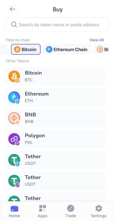 เลือก Bitcoin จากรายการเครือข่ายที่แสดงอยู่ในหน้าแอป Best Wallet