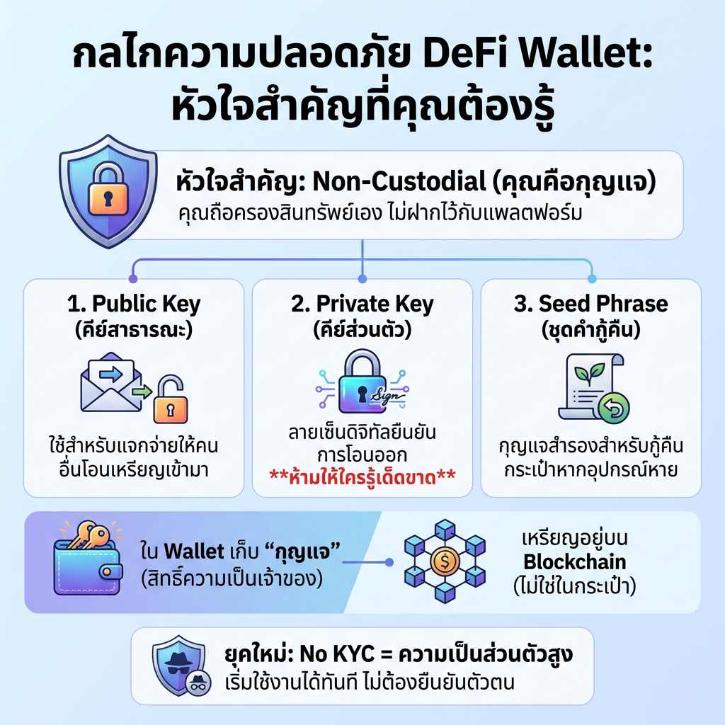 อินโฟกราฟิกอธิบายความปลอดภัย DeFi Wallet พร้อม Public Key, Private Key และ Seed Phrase แบบเข้าใจง่าย