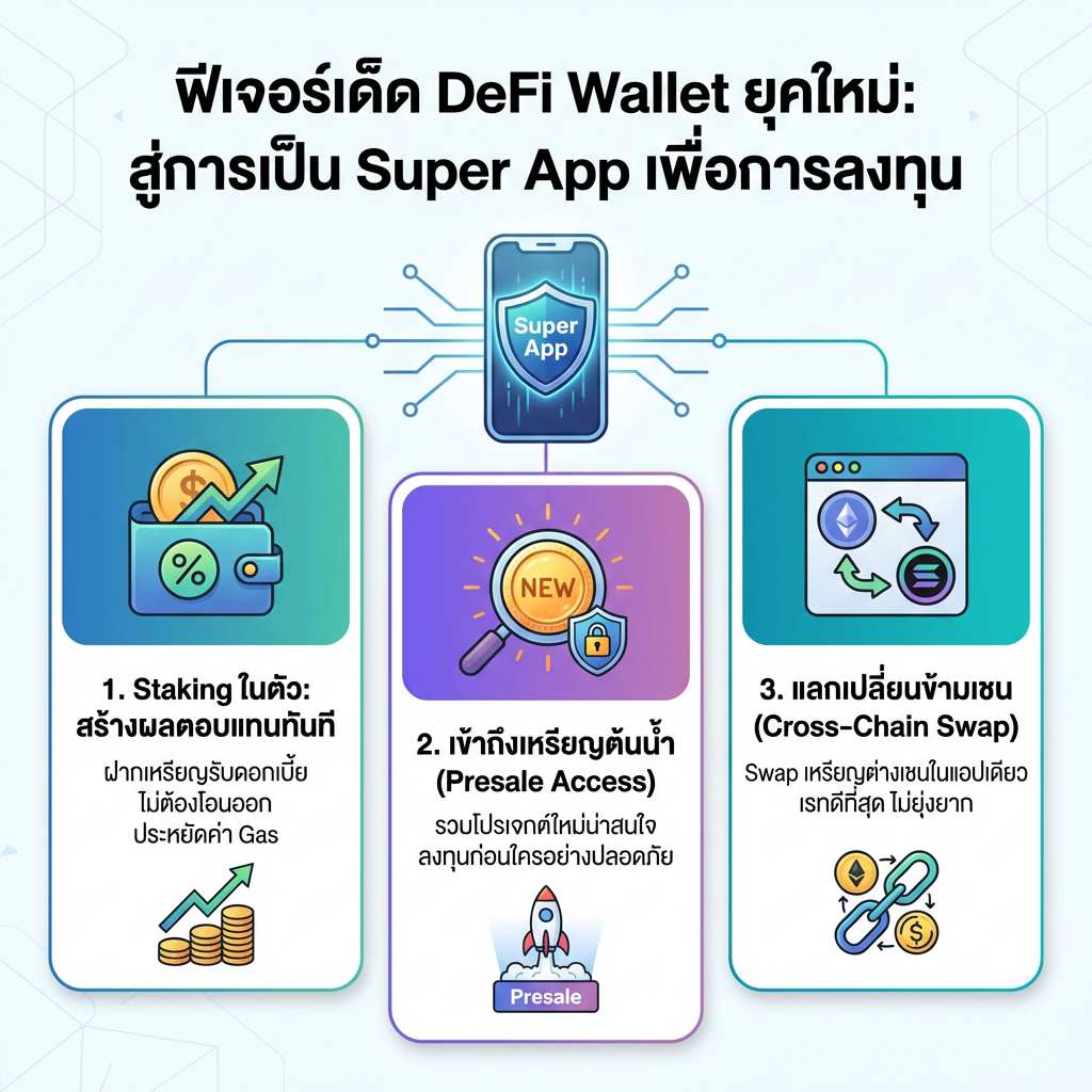 อินโฟกราฟิกฟีเจอร์ DeFi Wallet ยุคใหม่แบบ Super App พร้อม Staking, Presale Access และ Cross-Chain Swap