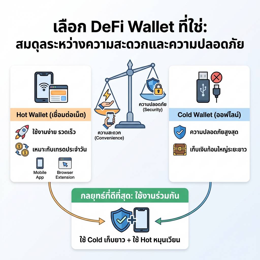 อินโฟกราฟิกเปรียบเทียบ Hot Wallet และ Cold Wallet พร้อมไอคอนความสะดวกและความปลอดภัยในการใช้งาน