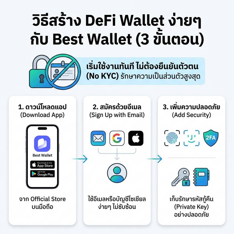 อินโฟกราฟิกวิธีสร้าง DeFi Wallet ด้วย Best Wallet 3 ขั้นตอน ตั้งแต่ดาวน์โหลดแอป สมัครอีเมล และเพิ่มความปลอดภัย 2FA