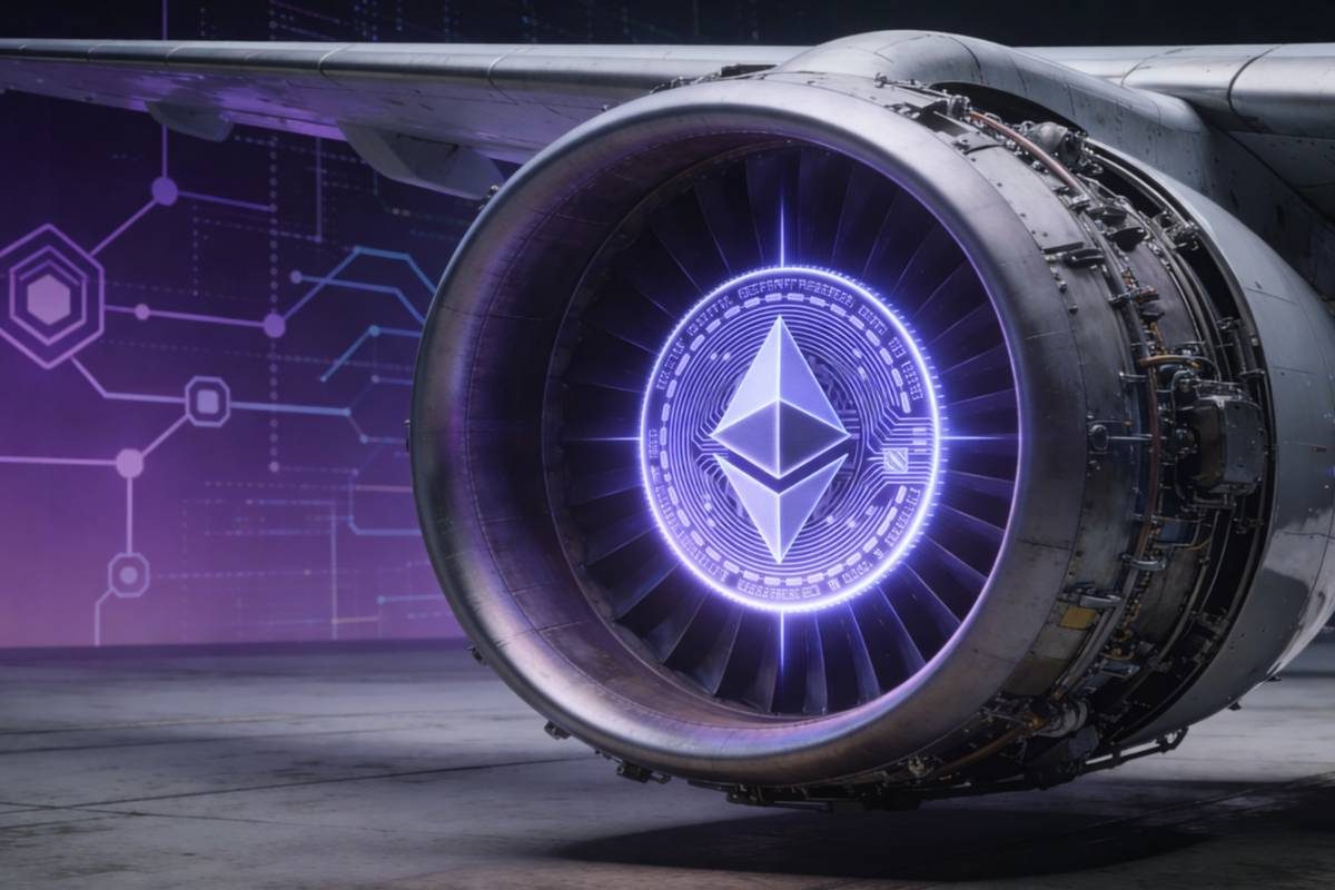เครื่องยนต์เครื่องบินเจ็ตระยะใกล้ พร้อมเหรียญ Ethereum เรืองแสงอยู่กลางใบพัด