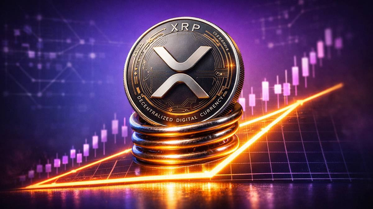 เหรียญ XRP วางบนสปริงโลหะเหนือกราฟสามเหลี่ยมขาขึ้นพื้นหลังโทนม่วงแบบดิจิทัล
