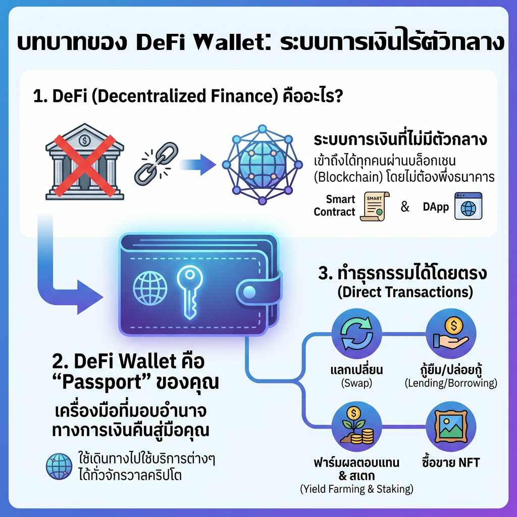 อินโฟกราฟิกอธิบายบทบาท DeFi Wallet ในระบบการเงินไร้ตัวกลาง พร้อมตัวอย่าง Swap, Lending, Yield Farming, Staking และซื้อขาย NFT