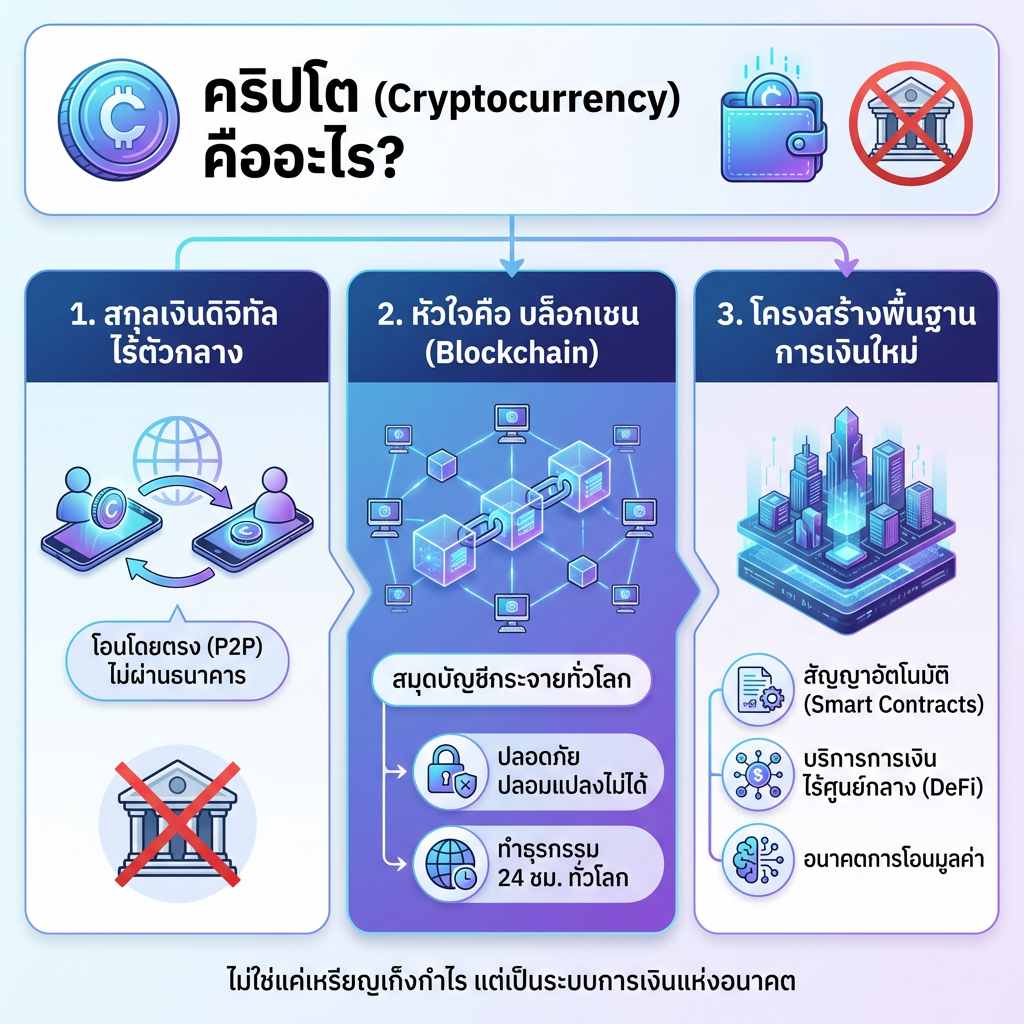 อินโฟกราฟิกอธิบายพื้นฐานคริปโต ระบบบล็อกเชน การโอนเงินแบบไร้ตัวกลาง และโครงสร้างการเงินดิจิทัล
