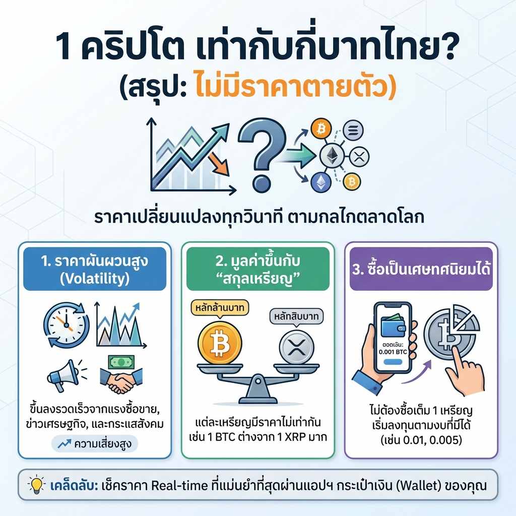 อินโฟกราฟิกแสดงการเปรียบเทียบมูลค่า 1 คริปโต กับเงินบาท ความผันผวนราคา และการซื้อคริปโตเป็นเศษทศนิยม