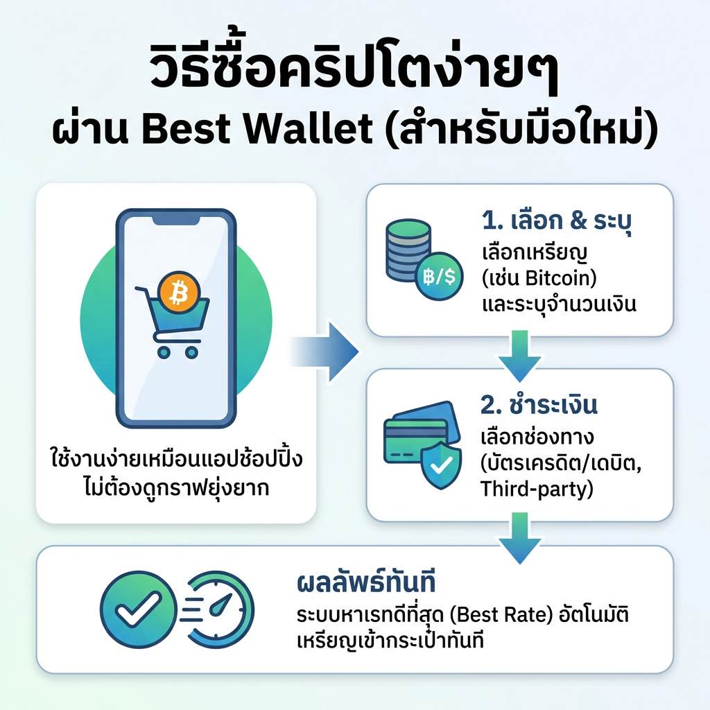 อินโฟกราฟิกขั้นตอนการซื้อคริปโตผ่าน Best Wallet ตั้งแต่เลือกเหรียญ ชำระเงิน และรับเหรียญเข้ากระเป๋า