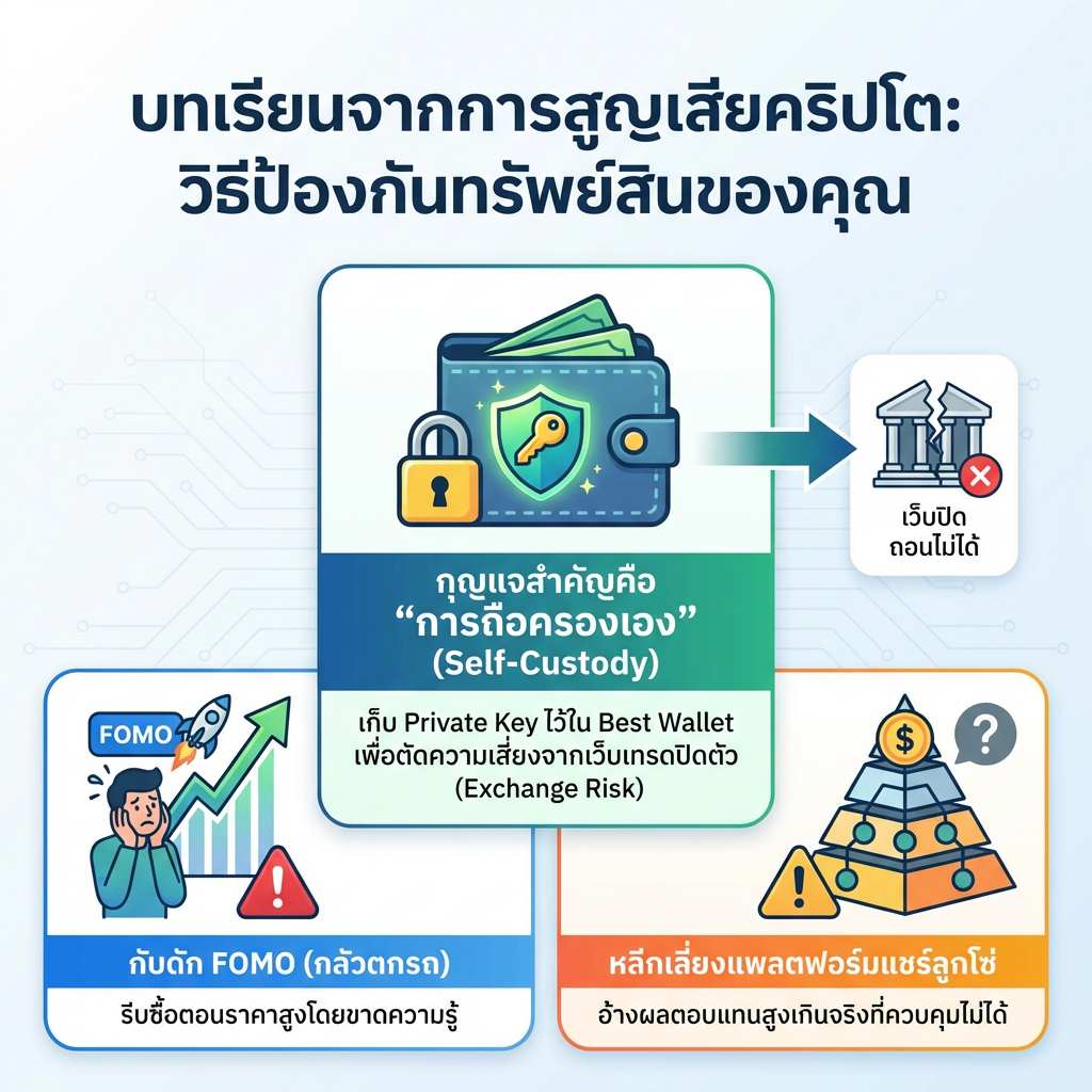 อินโฟกราฟิกสรุปบทเรียนการสูญเสียคริปโต การถือครองสินทรัพย์ด้วยตัวเอง การป้องกันความเสี่ยงจากเว็บเทรด และพฤติกรรม FOMO