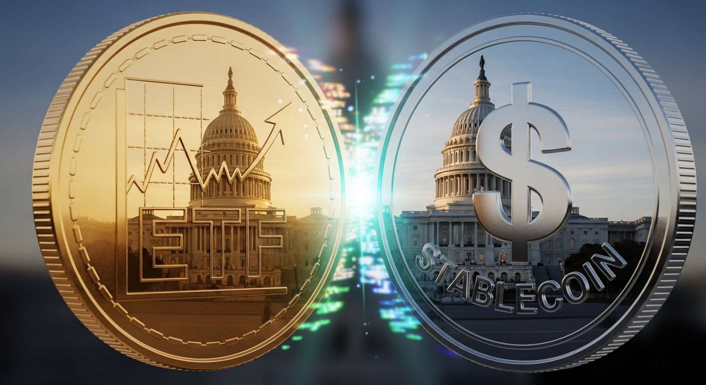 ภาพเหรียญดิจิทัลรวมกับสัญลักษณ์ Stablecoin สะท้อนอาคารรัฐสภาสหรัฐฯ แสดงถึงการยอมรับคริปโต