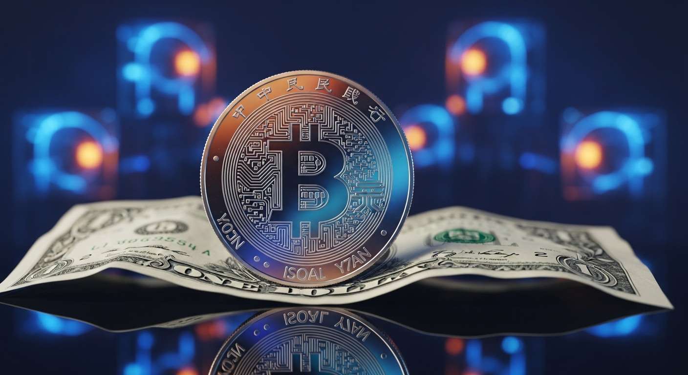 เหรียญหยวนดิจิทัลบดบังธนบัตรดอลลาร์ โดยมีเครื่องขุด Bitcoin เรืองแสงอยู่เบื้องหลัง