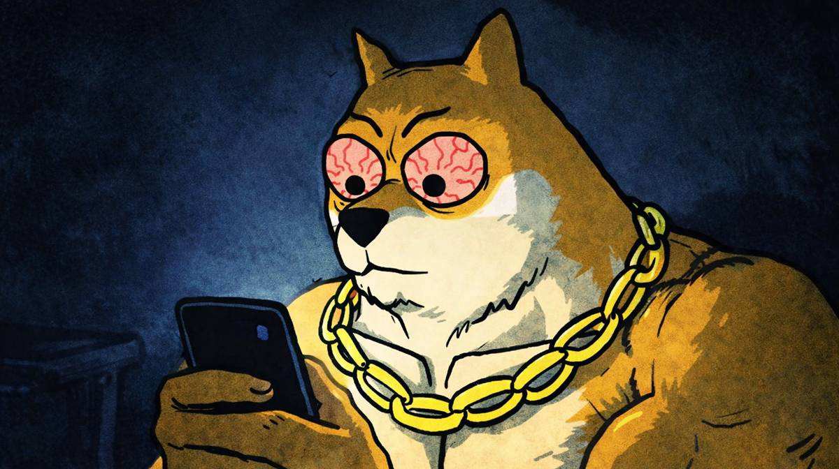 Maxi Doge กล้ามใหญ่สวมสร้อยทอง ดวงตาแดง ถือสมาร์ตโฟนในบรรยากาศมืดสไตล์เหรียญมีมคริปโต