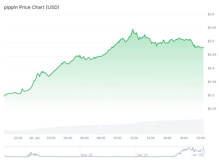 กราฟราคา PIPPIN เทียบดอลลาร์สหรัฐ แสดงแนวโน้มปรับตัวขึ้นภายในช่วงเวลา 24 ชั่วโมง