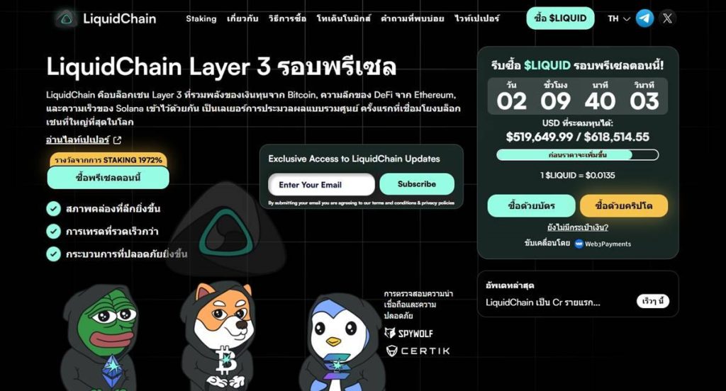 หน้าเว็บไซต์ LiquidChain Layer 3 แสดงแดชบอร์ดพรีเซล $LIQUID