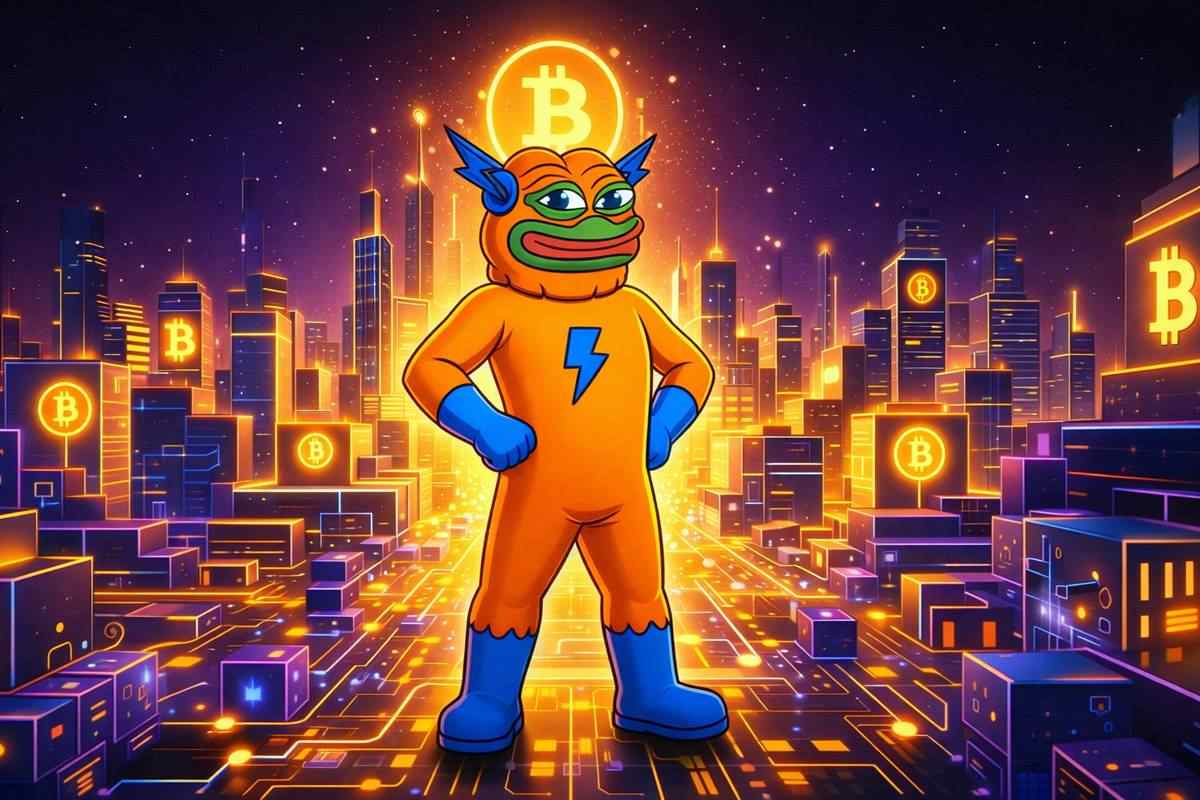 มาสคอต Bitcoin Hyper ยืนกลางเมืองดิจิทัลที่มีสัญลักษณ์บิตคอยน์เรืองแสง