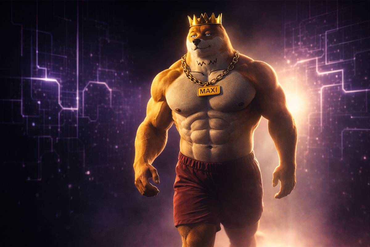 มาสคอต Maxi Doge กล้ามใหญ่สวมมงกุฎและสร้อย MAXI ยืนบนฉากดิจิทัลโทนมืด