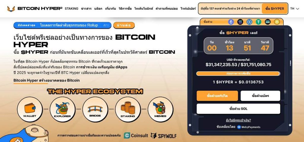 หน้าแดชบอร์ดเว็บไซต์ Bitcoin Hyper แสดงยอดพรีเซล ราคาโทเค็น ระบบ Staking และองค์ประกอบระบบนิเวศ