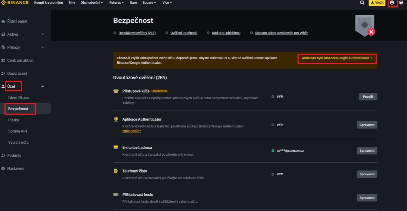Binance bezpečnost - Uživatelé by si pro zajištění bezpečnosti měli udělat i dvoufaktorové ověření