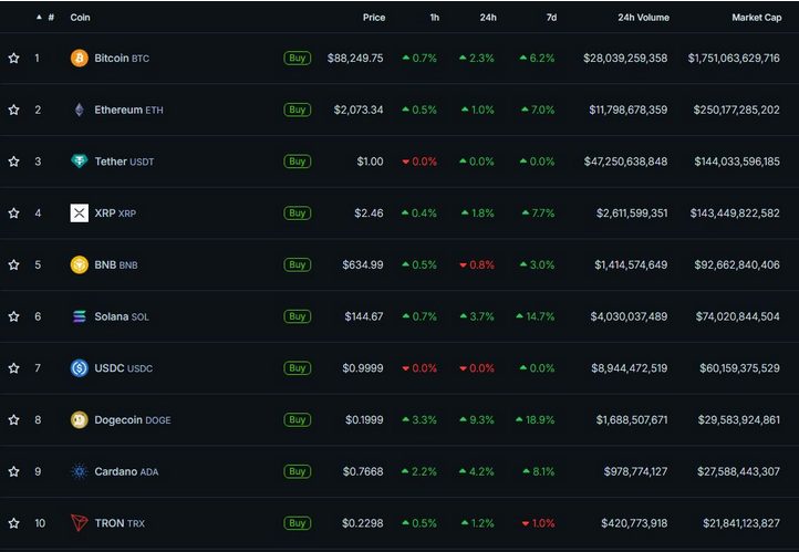 Top 10 kryptoměn podle tržní kapitalizace k březnu 2025. Zdroj: Coingecko