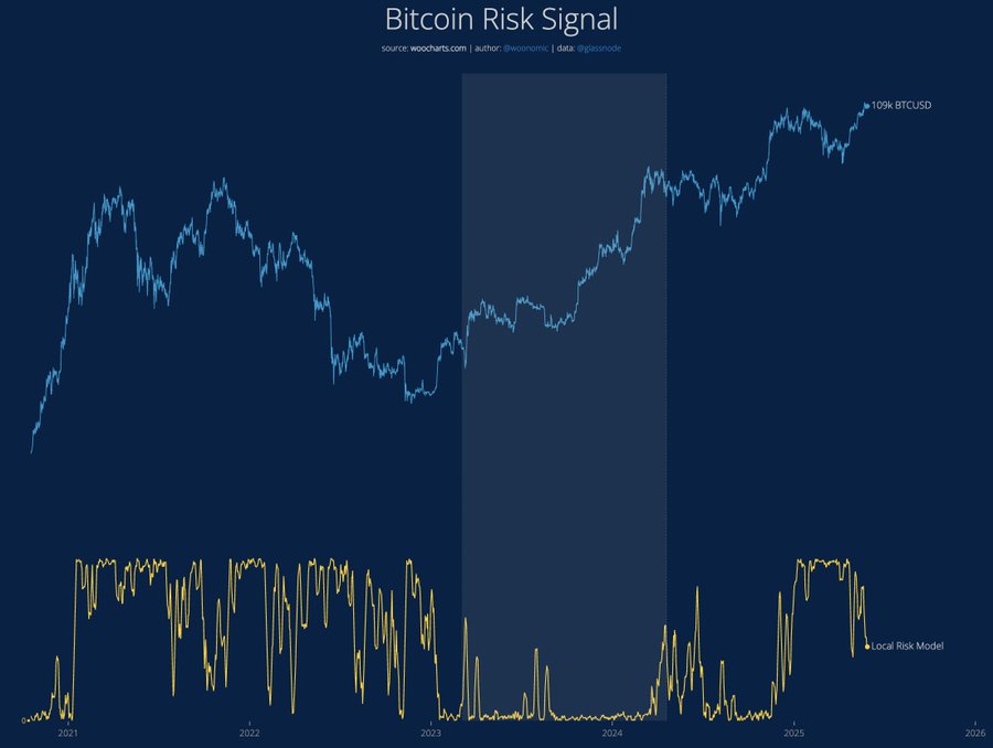 Bitcoin roste, zatímco risk signal klesá. Zdroj: Willy Woo