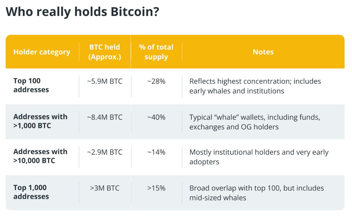 Kdo má největší vliv na cenu bitcoinu v roce 2025? Velryby, vývojáři, nebo snad vlády? Podívejme se na to zblízka. Významná část nabídky BTC je soustředěna v rukou několika velkých adres. Zdroj: Cointelegraph