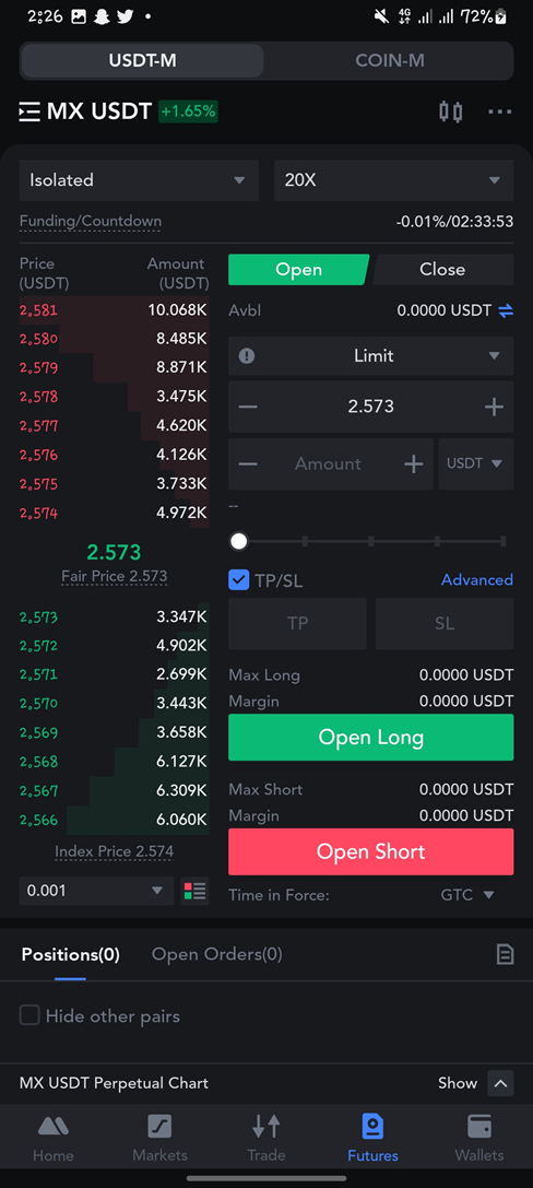 Futures rozhraní MEXC s metaverse tokeny.