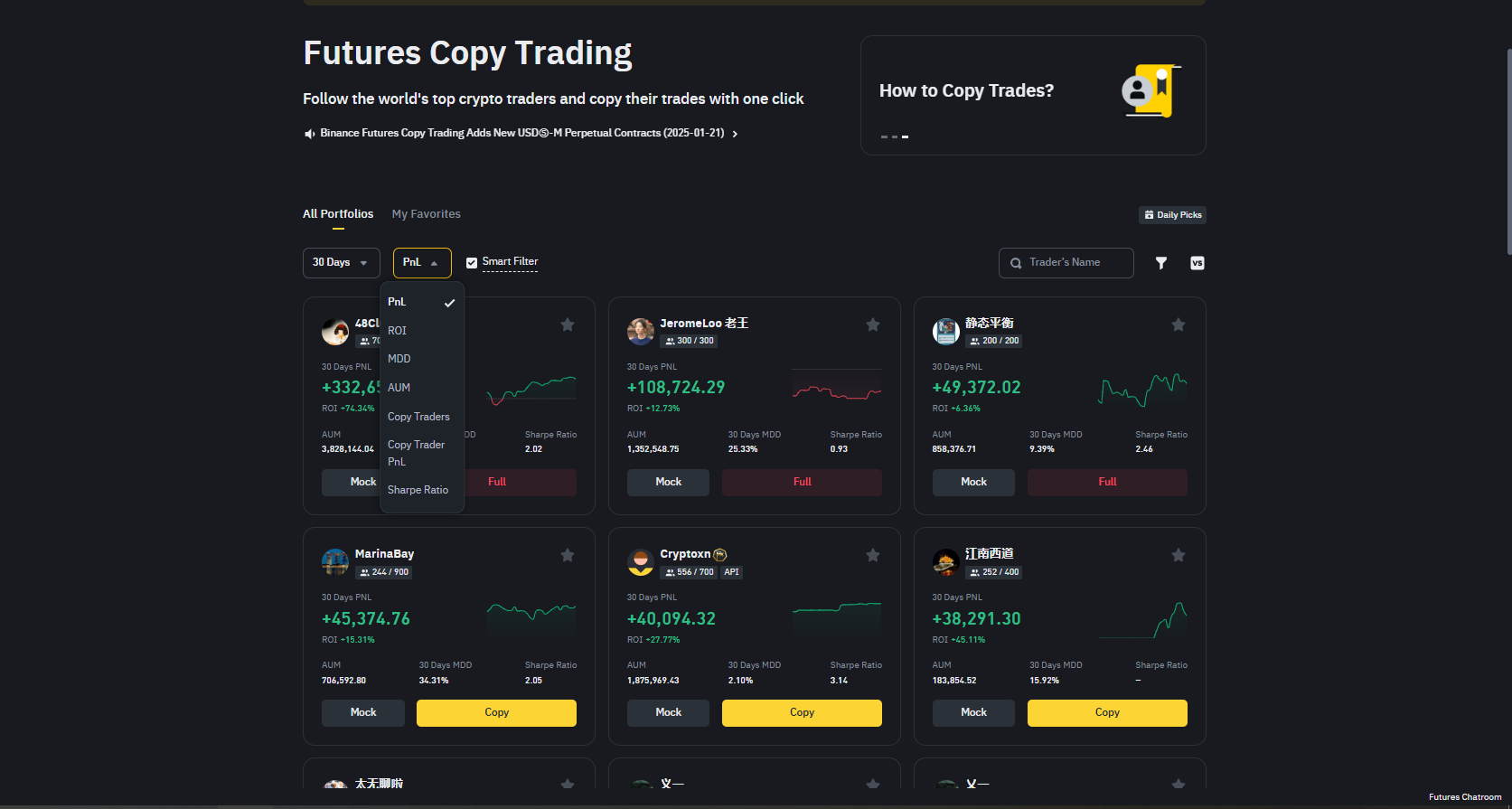 Vyhledávání traderů pro Binance copy trading podle filtrů.