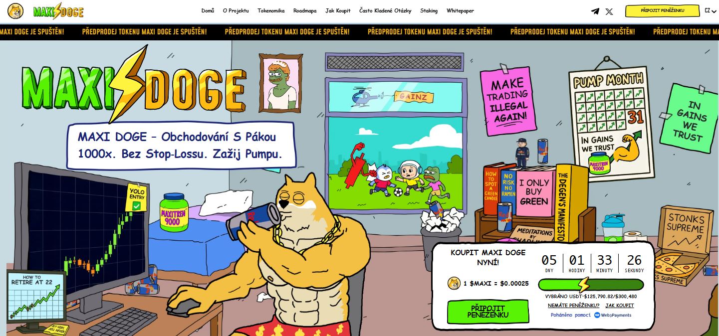 Maxi Doge je satirický meme coin, který se chce svézt na meme popularitě jako coin s velkou pákou, díky čemuž ho řadíme mezi nejlepší kryptoměny v roce 2025