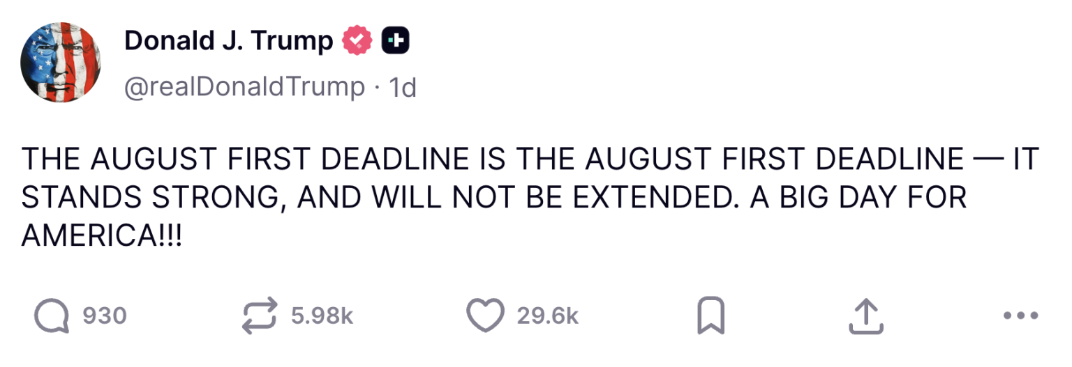 Trump důrazně potvrzuje termín 1. srpna: žádné odklady. Zdroj: Truth Social