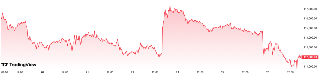 Cena BTC se za poslední týden obchoduje kolem 112 000 USD.