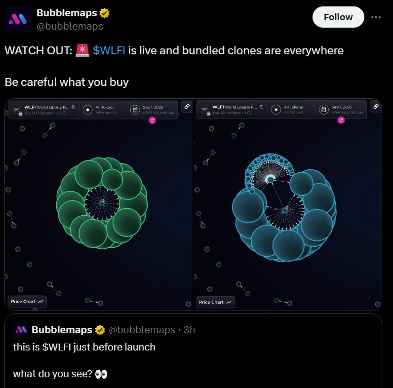 Obrázek pravého a falešného WLFI tokenů