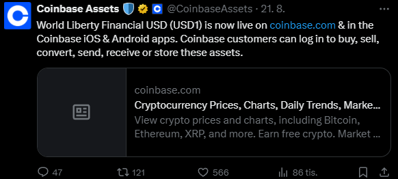 Coinbase spustilo prodej WLFI