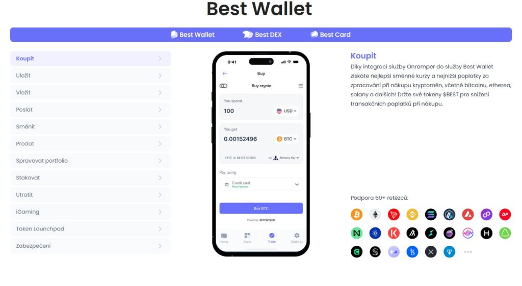Best Wallet umožňuje nákup a správu kryptoměn s podporou více než 60 řetězců.