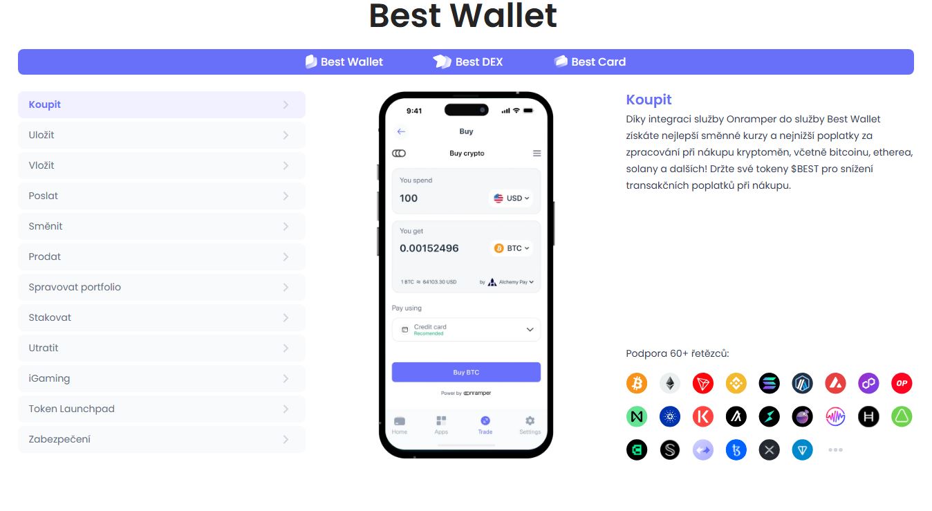 Best Wallet umožňuje nákup a správu kryptoměn s podporou více než 60 řetězců.