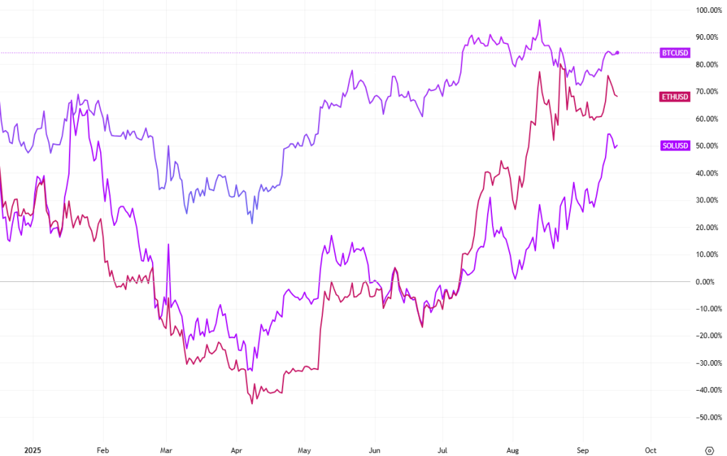 Denní korelační graf tří největších kryptoměn současnosti. 