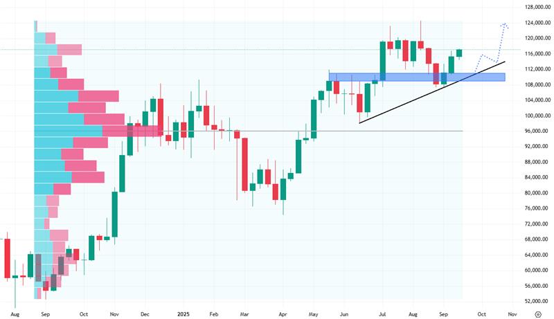 Týdenní cenový graf bitcoinu, který by mohl znovu atakovat historická maxima. 