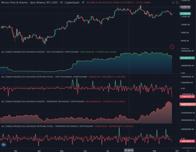 Denní graf BTC/USDT s daty o stablecoinech na burzách. 