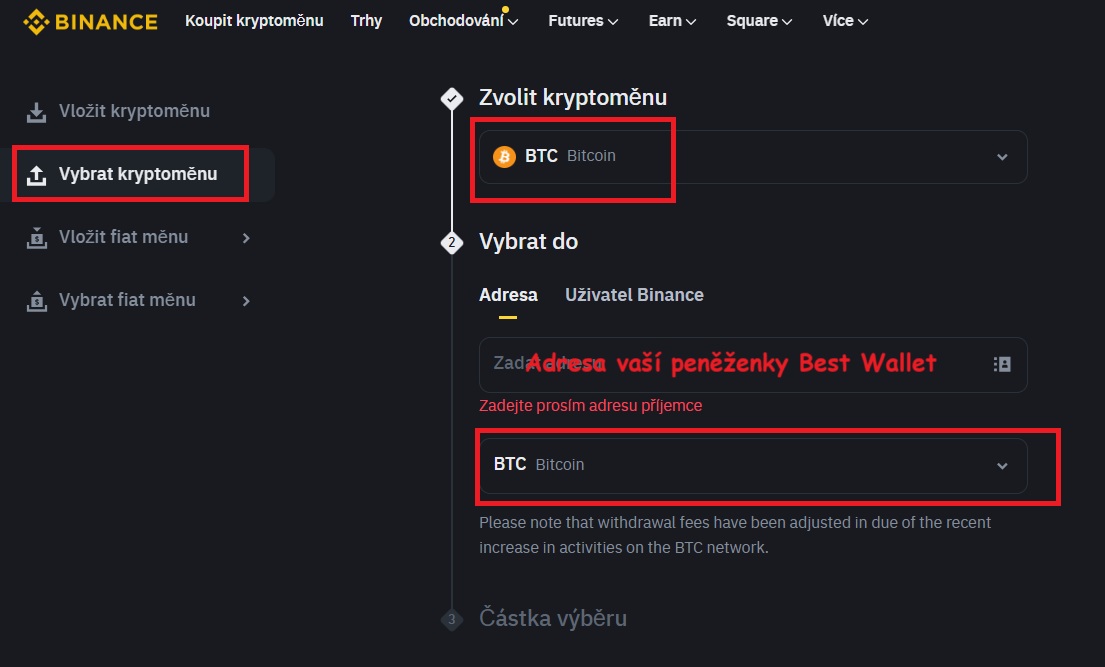 Převod kryptoměn z burzy Binance na peněženku Best Wallet