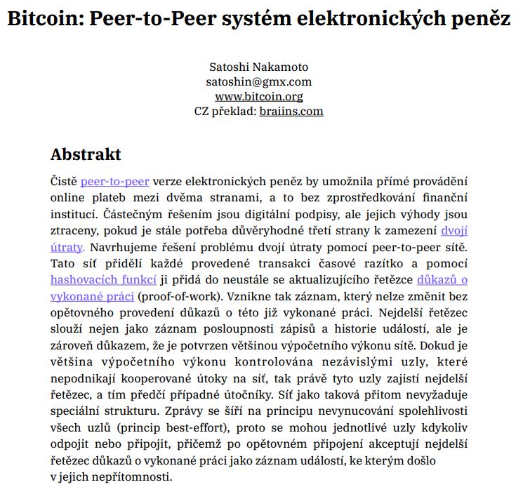 Kdy vznikl Bitcoin: Whitepaper Bitcoinu od Satoshiho Nakamota. 