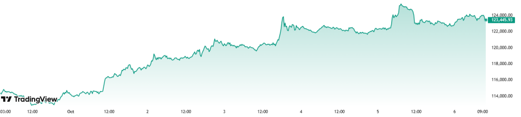 Bitcoin graf za poslední týden, cena BTC krátce překonala 125 000 USD