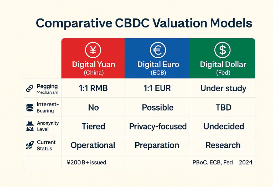 Grafika porovnává CBDC v Číně, eurozóně a USA. Zobrazuje, jak jsou navázány na tradiční měnu (1:1), zda jsou úročené, jakou mají úroveň anonymity a v jakém stadiu implementace se nacházejí.