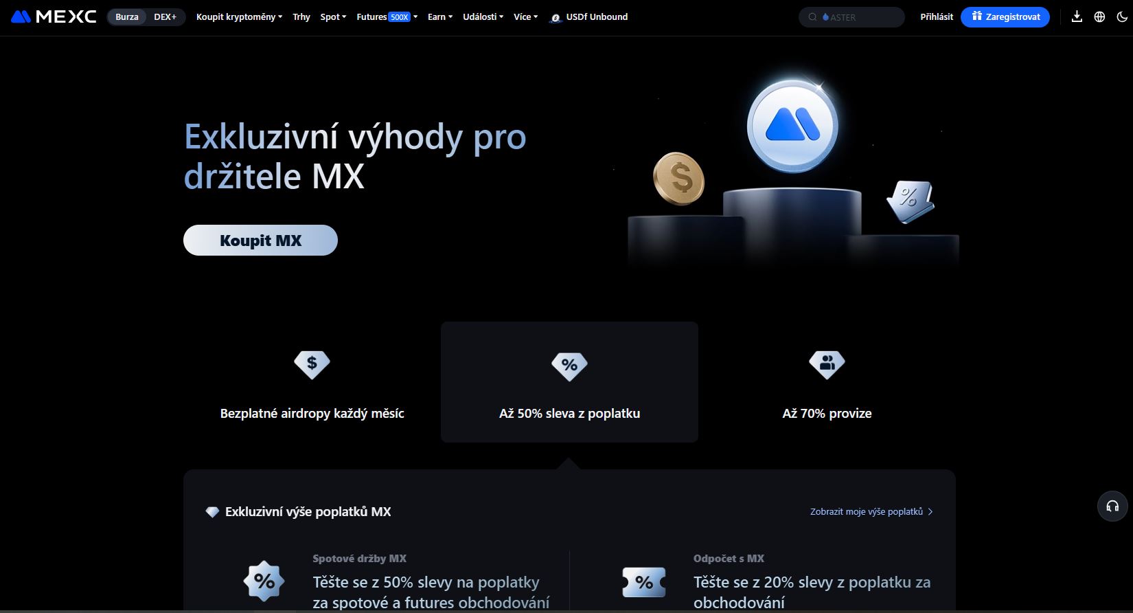Pořiďte si nativní token burzy MEXC a užijte si až o 50 % nižší poplatky za spot a futures trading.