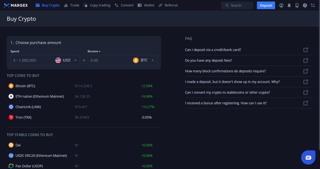 Nákup kryptoměn na burze Margex. Zvolte částku a vyberte kryptoměnu pro nákup. Zobrazeny jsou také aktuální ceny a změny v cenách jednotlivých kryptoměn.